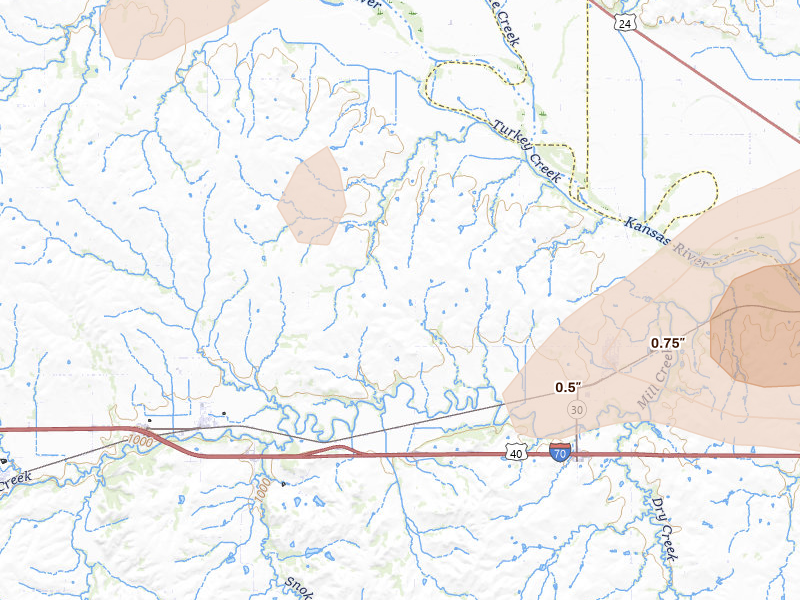 Radar-estimated hail-size map of the storm over Paxico, KS on Aug 14, 2026