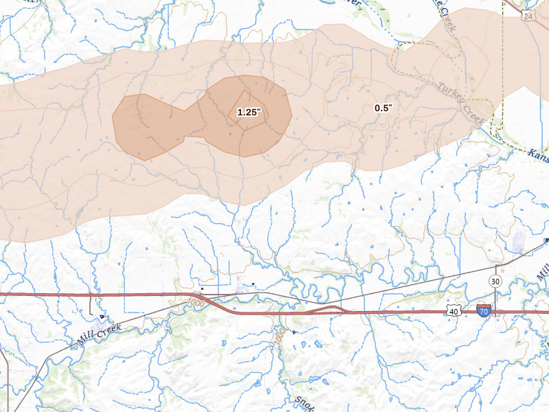 Radar-estimated hail-size map of the storm over Paxico, KS on Aug 18, 2026