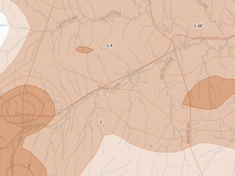Radar-estimated hail-size map of the storm over Peabody, KS on Apr 23, 2026