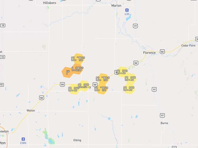 Hail map of Peabody, KS on Jun 9, 2026, hail up to 1.25"