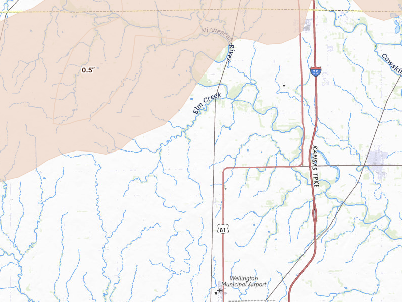 Radar-estimated hail-size map of the storm over Peck, KS on Mar 10, 2026