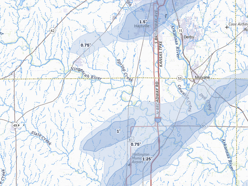 NEXRAD radar-signature map of the hail over Peck, KS