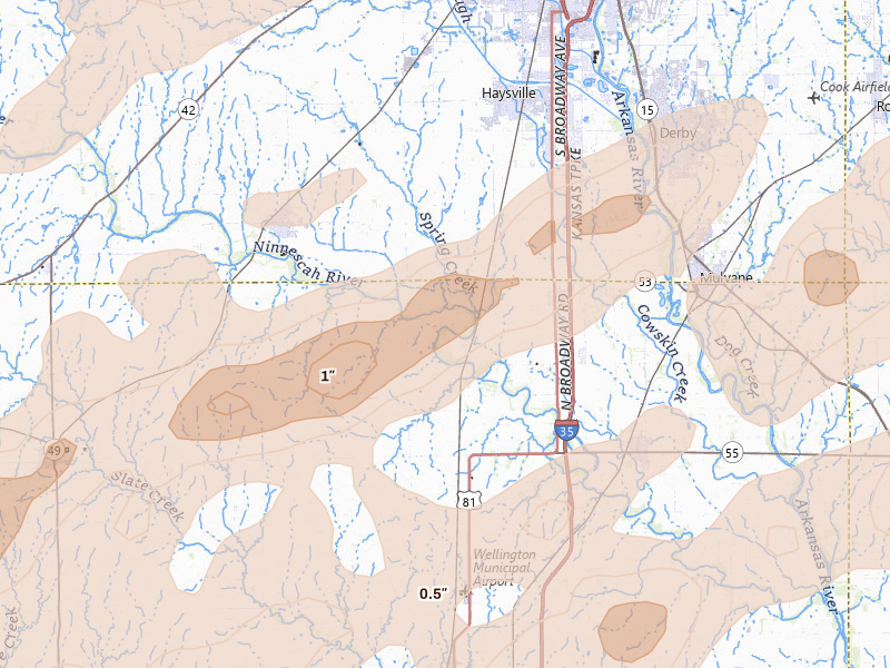 Radar-estimated hail-size map of the storm over Peck, KS on Apr 17, 2026