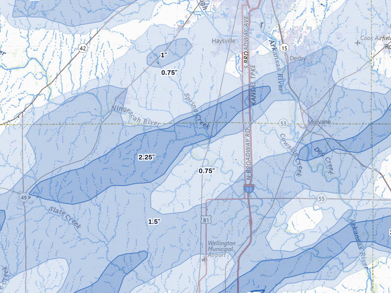 NEXRAD radar-signature map of the hail over Peck, KS