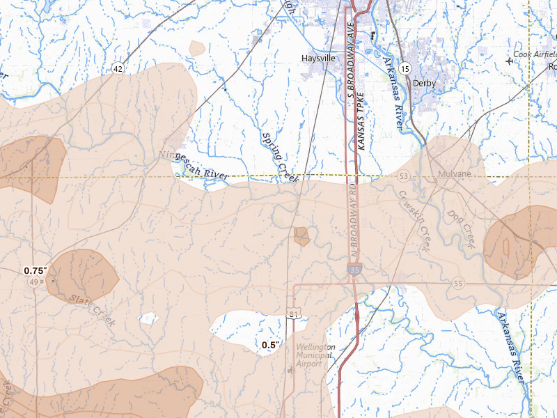 Radar-estimated hail-size map of the storm over Peck, KS on May 18, 2026