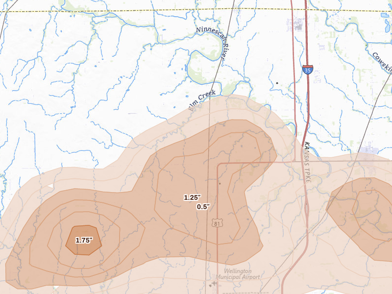 Radar-estimated hail-size map of the storm over Peck, KS on Jul 9, 2026