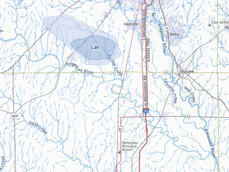 NEXRAD radar-signature map of the hail storm over Peck, KS on Jul 10, 2026