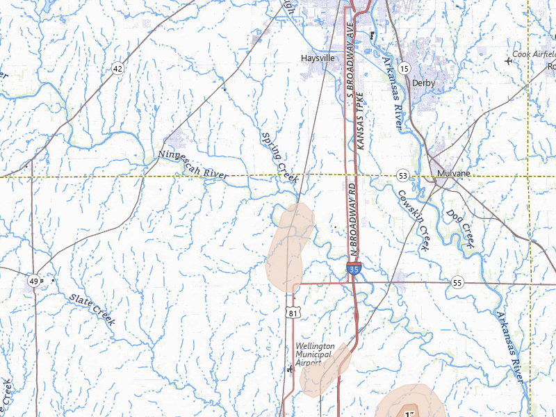 Radar-estimated hail-size map of the storm over Peck, KS on Jul 11, 2026