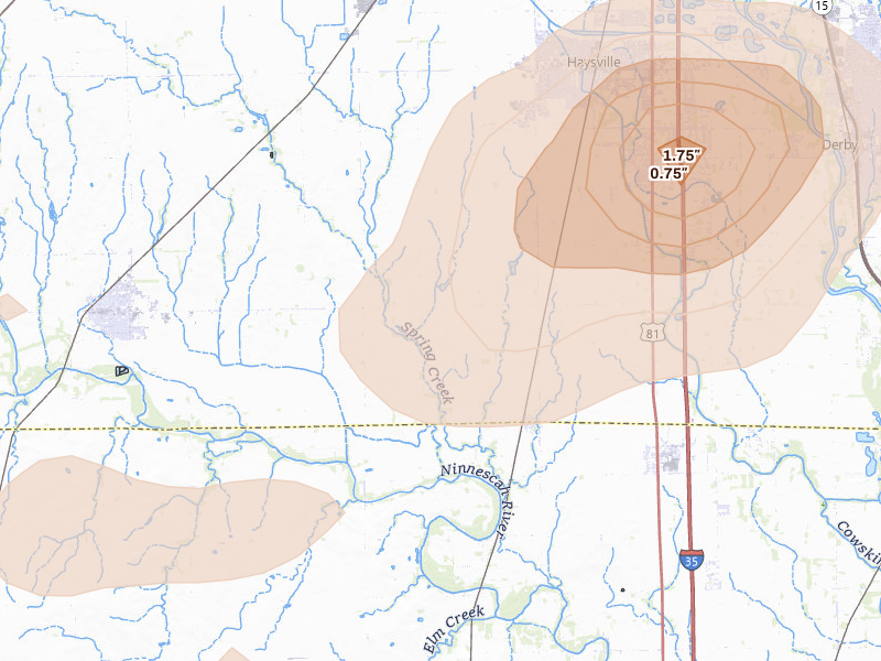Radar-estimated hail-size map of the storm over Peck, KS on Aug 6, 2026