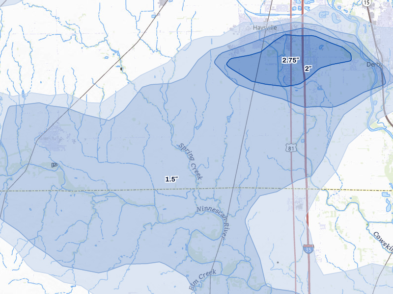 NEXRAD radar-signature map of the hail storm over Peck, KS on Aug 6, 2026