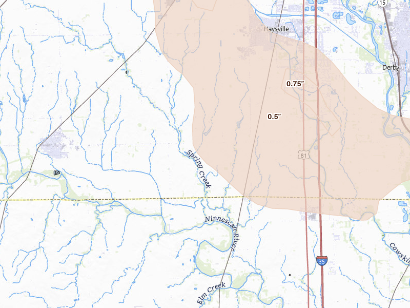 Radar-estimated hail-size map of the storm over Peck, KS on Aug 20, 2026