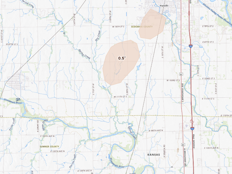Radar-estimated hail-size map of the storm over Peck, KS
