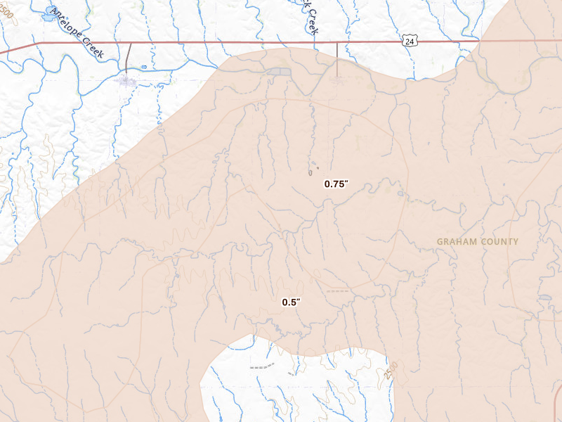Radar-estimated hail-size map of the storm over Penokee, KS on May 16, 2026