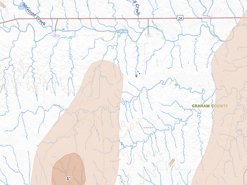 Radar-estimated hail-size map of the storm over Penokee, KS on May 30, 2026