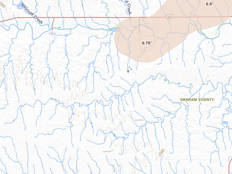 Radar-estimated hail-size map of the storm over Penokee, KS on Jun 8, 2026