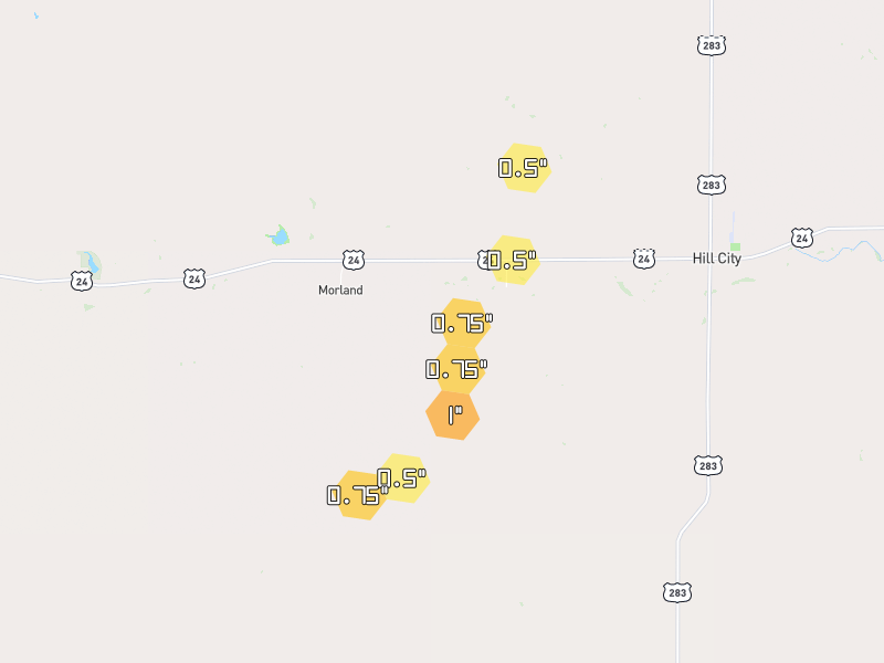 Hail map of Penokee, KS on Jul 1, 2026, hail up to 1"