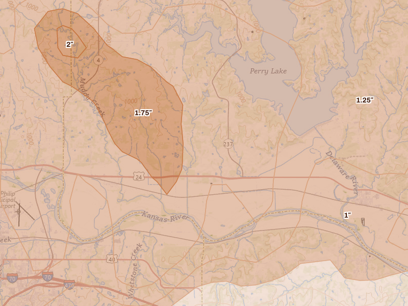 Radar-estimated hail-size map of the storm over Perry, KS on Apr 26, 2026