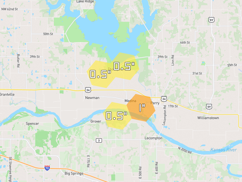 Hail map of Perry, KS on Jun 9, 2026, hail up to 1"