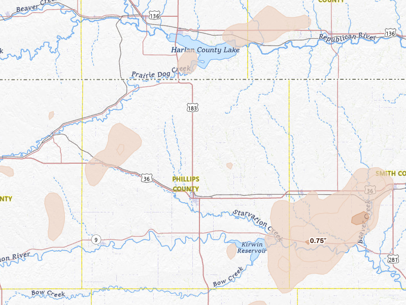 Radar-estimated hail-size map of the storm over Phillipsburg, KS on May 16, 2026