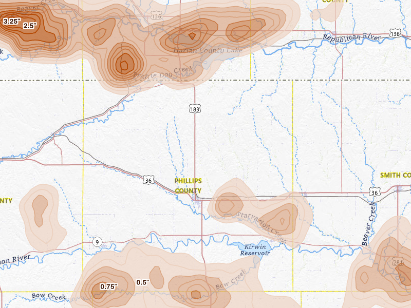 Radar-estimated hail-size map of the storm over Phillipsburg, KS on Jun 8, 2026