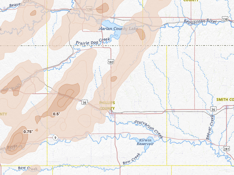 Radar-estimated hail-size map of the storm over Phillipsburg, KS on Jun 9, 2026