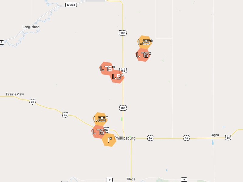 Hail map of Phillipsburg, KS on Jun 9, 2026, hail up to 1.75"