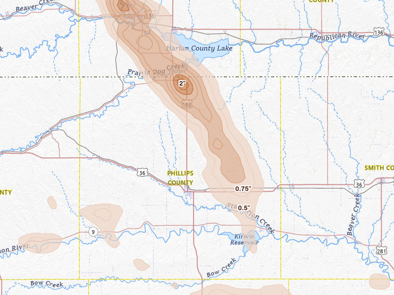 Radar-estimated hail-size map of the storm over Phillipsburg, KS on Jun 24, 2026