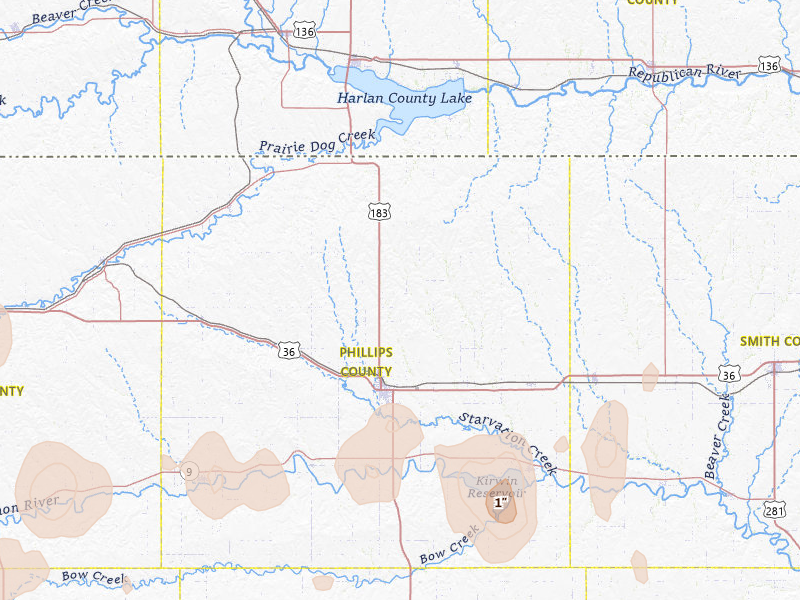 Radar-estimated hail-size map of the storm over Phillipsburg, KS on Jul 1, 2026