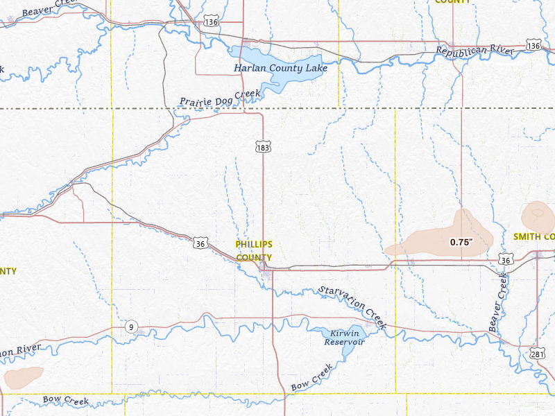 Radar-estimated hail-size map of the storm over Phillipsburg, KS on Jul 27, 2026