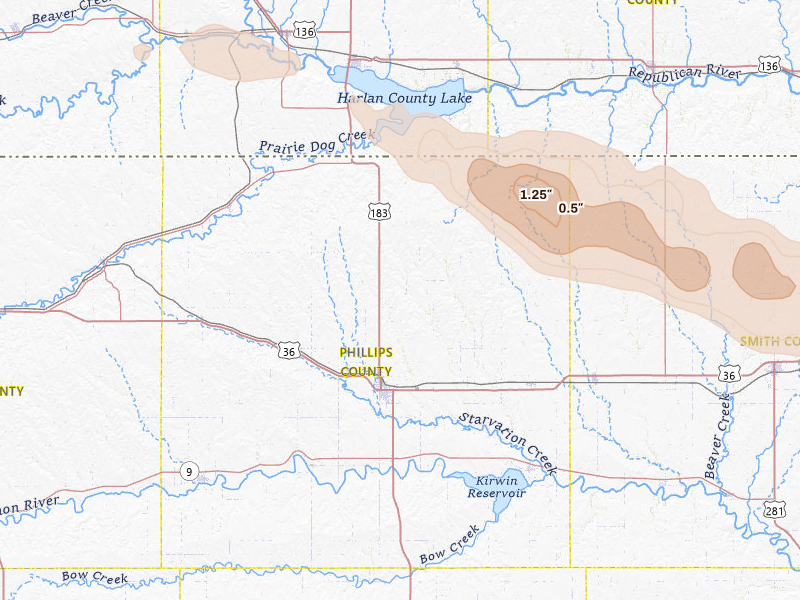Radar-estimated hail-size map of the storm over Phillipsburg, KS on Jul 30, 2026