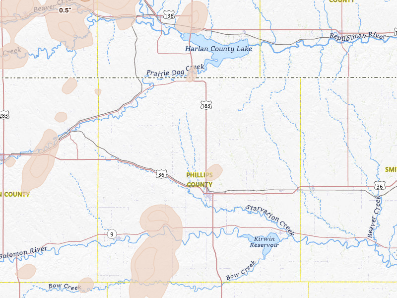 Radar-estimated hail-size map of the storm over Phillipsburg, KS on Aug 13, 2026