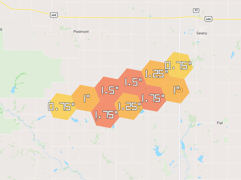 Hail map of Piedmont, KS on Jun 1, 2026, hail up to 1.75"