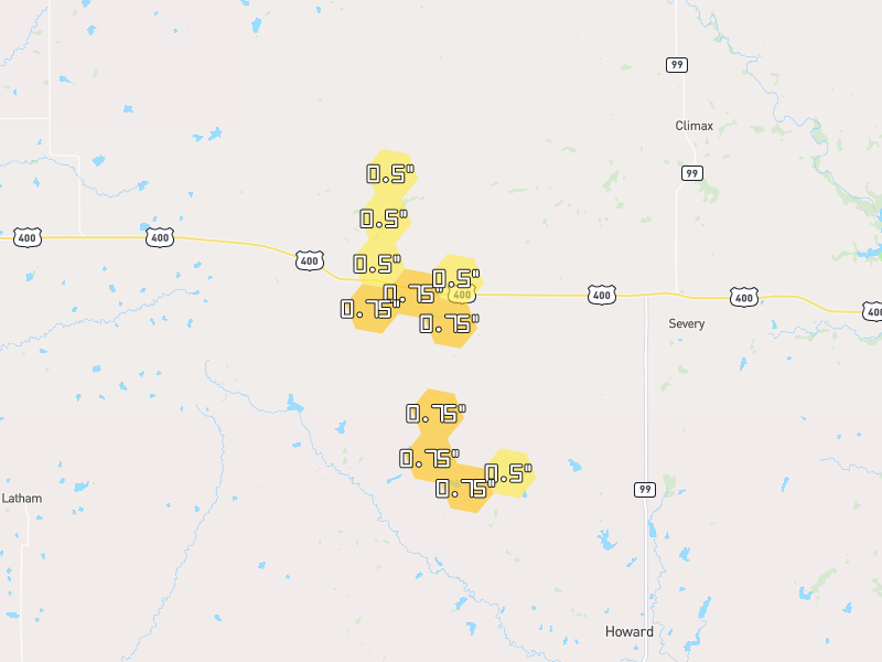 Hail map of Piedmont, KS on Jun 26, 2026, hail up to 0.75"