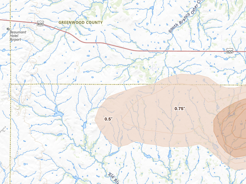 Radar-estimated hail-size map of the storm over Piedmont, KS on Aug 5, 2026