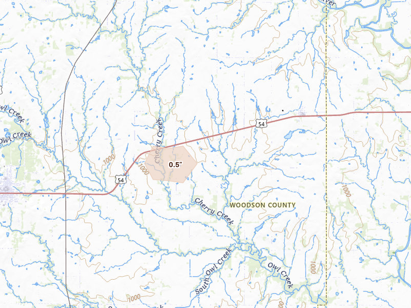 Radar-estimated hail-size map of the storm over Piqua, KS on Jun 7, 2026