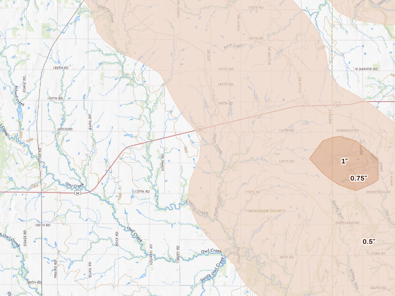 Radar-estimated hail-size map of the storm over Piqua, KS