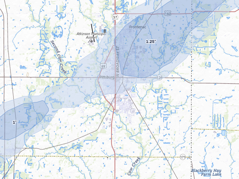 NEXRAD radar-signature map of the hail storm over Pittsburg, KS on Apr 28, 2026