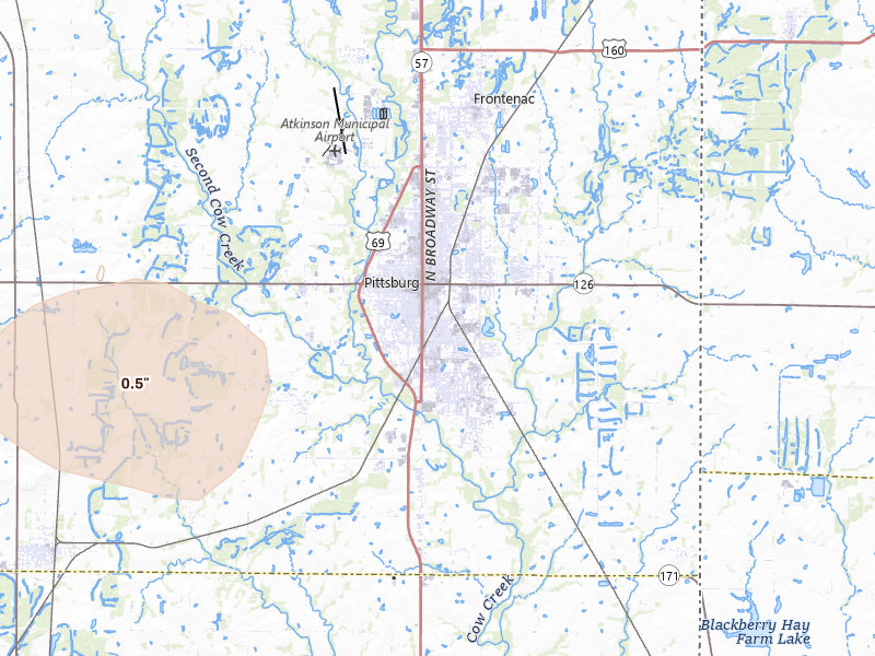 Radar-estimated hail-size map of the storm over Pittsburg, KS on Jun 7, 2026