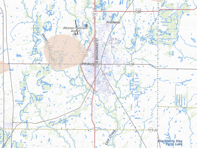 Radar-estimated hail-size map of the storm over Pittsburg, KS on Jul 10, 2026