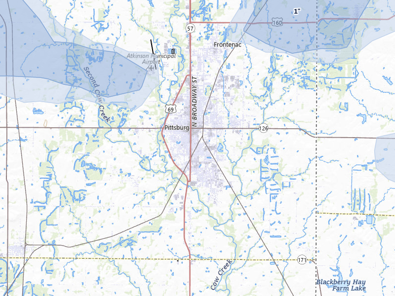 NEXRAD radar-signature map of the hail storm over Pittsburg, KS on Jul 10, 2026