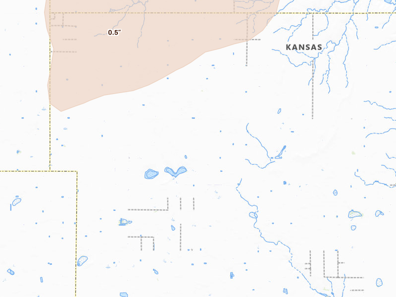 Radar-estimated hail-size map of the storm over Plains, KS on Jun 9, 2026