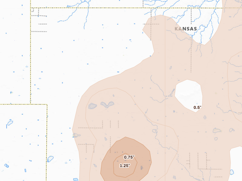 Radar-estimated hail-size map of the storm over Plains, KS