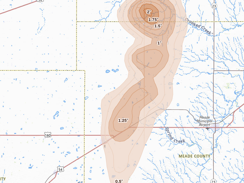 Radar-estimated hail-size map of the storm over Plains, KS on Aug 6, 2026