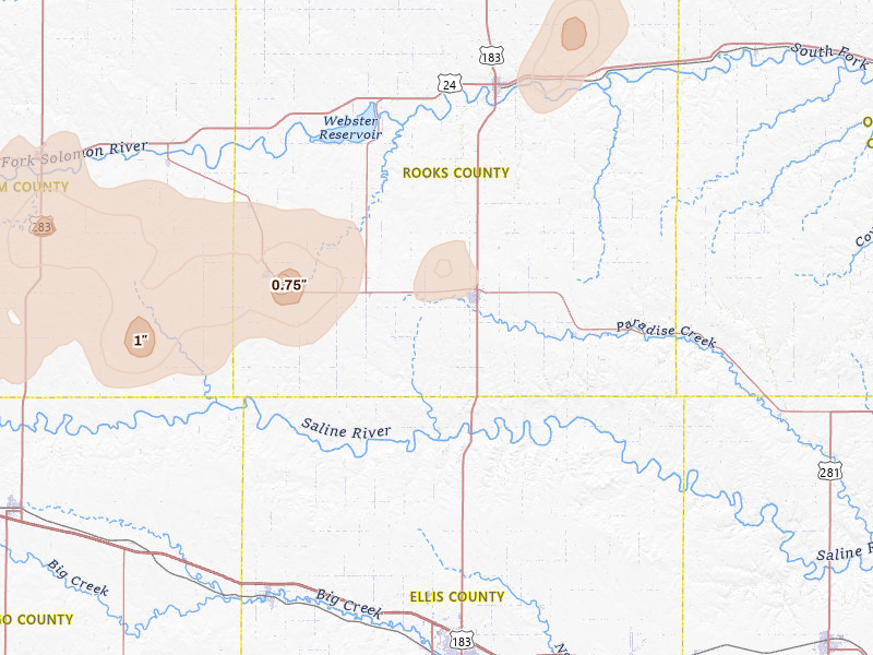 Radar-estimated hail-size map of the storm over Plainville, KS on May 16, 2026