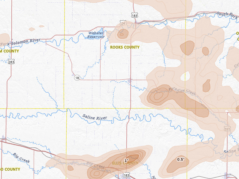 Radar-estimated hail-size map of the storm over Plainville, KS on Jun 8, 2026