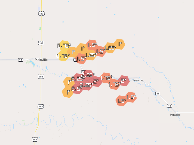Hail map of Plainville, KS on Jun 9, 2026, hail up to 2.5"