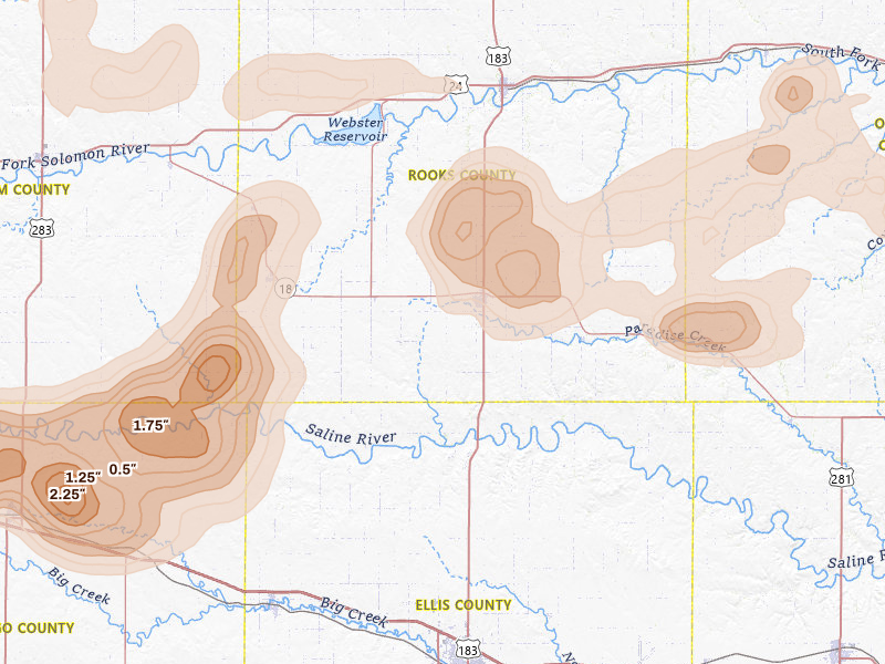 Radar-estimated hail-size map of the storm over Plainville, KS on Jul 3, 2026
