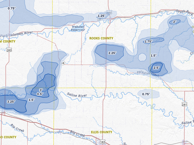 NEXRAD radar-signature map of the hail storm over Plainville, KS on Jul 3, 2026