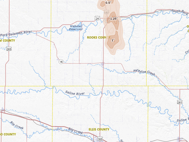 Radar-estimated hail-size map of the storm over Plainville, KS on Jul 10, 2026