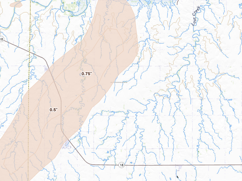 Radar-estimated hail-size map of the storm over Plainville, KS on Aug 13, 2026